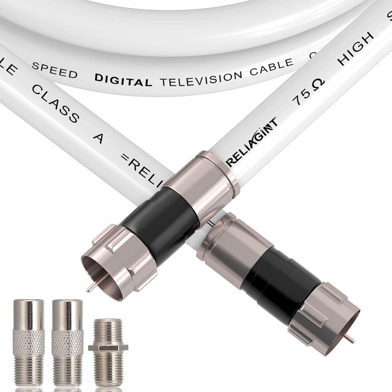 RELIAGINT 10ft RG6 Coaxial Cable White, 75 Ohm Coax Cable with F Connector & F81 Double Female Coupler, Low Loss High-Speed TV Antenna Extension Cord for HD TV, Satellite & Dish - Image 1